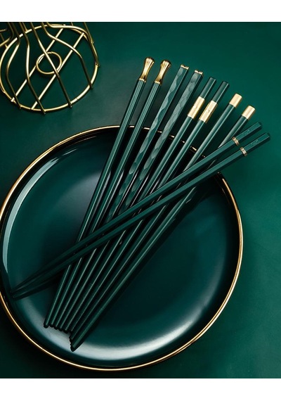 Valkyrie 5 Çift Yemek Çubuğu Seti 24,3 Cm Japon Kore Sushi Chopsticks Lüks Altın Detaylı Yeşil