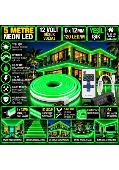 5m 12v 6x12mm 120 Led Yeşil Neon Led 5a Priz Adaptör 12a Tek Renk Kumandalı Rf Dimmer Set