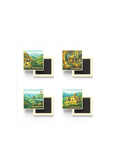 Gümüşhane - 4'lü Memleket Seti - Baskılı Buzdolap Magneti Kare - 9x9 Cm - 4 Adet