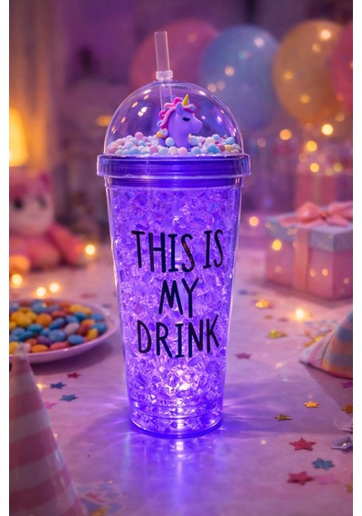 Sevimli Renkli Çılgın 450 Ml Led Işıklı This İs My Drink Temalı Pipetli İçecek Bardağı Suluk 2642mor Mor