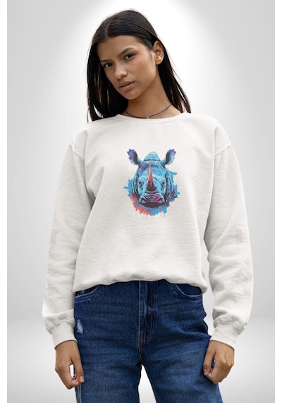 Su Aygırı Hipopotamo Renkli Unisex Beyaz Baskılı Sweatshirt Beyaz