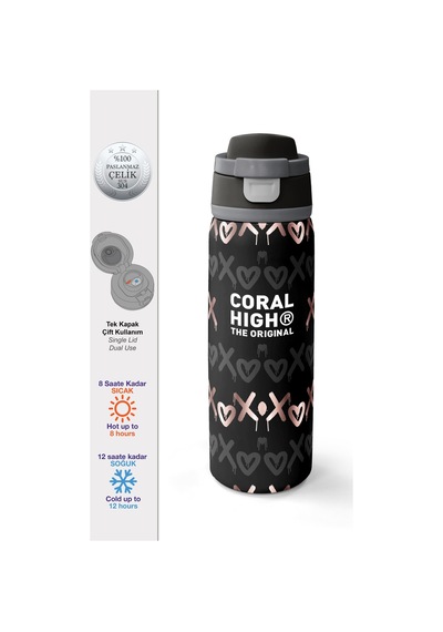 Coral High Siyah Pudra Desenli Pipetli Ve Direkt İçim Çelik Termos 800 Ml 38595 Siyah - Füme