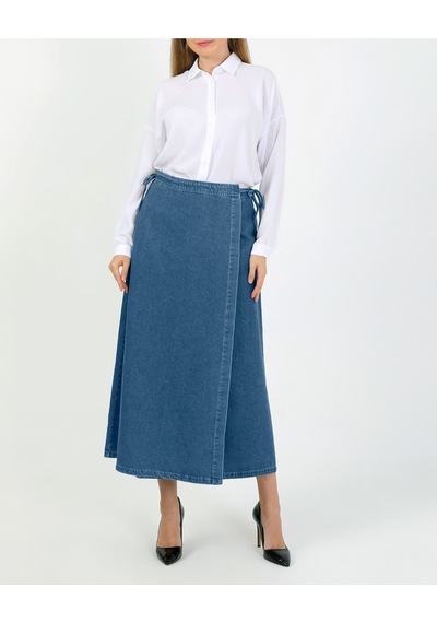 Vellichor Yandan Bağlamalı Denim Etek- Açık Mavi Çok Renkli