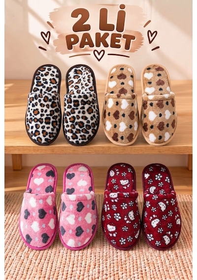 Stwenn 2'li Karma Erkek Kadın Avantajlı Paket Peluş Ev Terliği Kapalı Burun Arkası Açık Sıcak Rahat Panduf 2 Li Kadın Çanak
