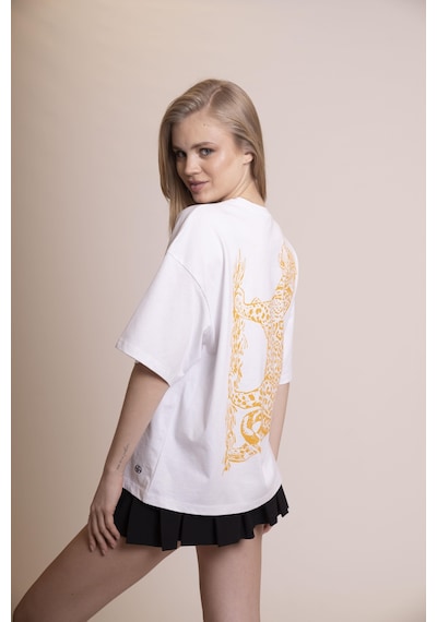 Afloow Muse Oversize Beyaz Tişört %100 Pamuk Ön Leopar A Harfi Detaylı, Sırtı Büyük Leopar Baskılı, Rahat Ve Şık Tasarım Unisex Günlük T-shirt Beyaz