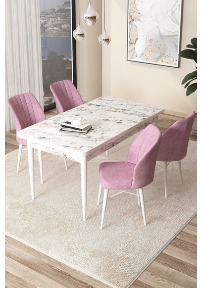 Canisa Arp Serisi 70x110 Sabit Mutfak Masası Takımı Beyaz Mermer Desen Masa 4 Pembe Sandalye Masa Beyaz Sandalyeler Pembe Canisa Arp Serisi 70x110 Sabit Mutfak Masası Takımı Beyaz Mermer Desen Masa 4 Pembe Sandalye Masa Beyaz Sandalyeler Pembe