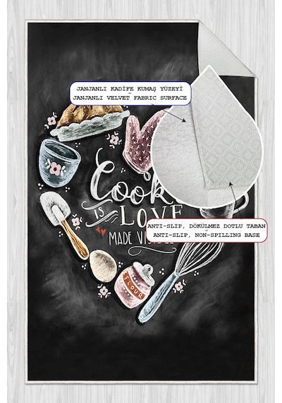 Dijital Baskılı Dekoratif Kaymaz Taban Yıkanabilir Cooking Love Halı Mutfak Halısı Yolluk Salon Halısı