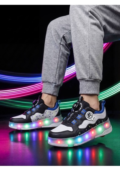 Patenli Işıklı Spor Ayakkabısı & Tekerlekli Sneakers Siyah-sax