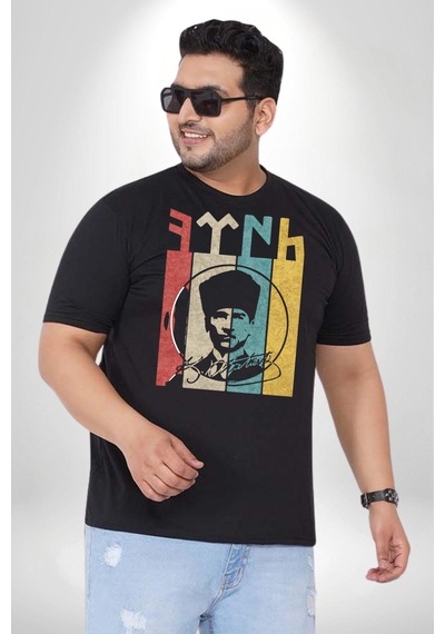 Angemiel Atatürk İmzalı Türk Logo Siyah Büyük Beden Erkek Kadın Unisex Basic Ön Baskılı Tişört Siyah