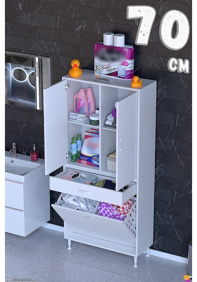 Yeni Afra 70 Cm 2 Gözlü Kirli Çamaşır Sepet, 2 Kapak Ve Çekmeceli 4 Raflı Çok Amaçlı Banyo Dolabı Beyaz Yeni Afra 70 Cm 2 Gözlü Kirli Çamaşır Sepet, 2 Kapak Ve Çekmeceli 4 Raflı Çok Amaçlı Banyo Dolabı Beyaz