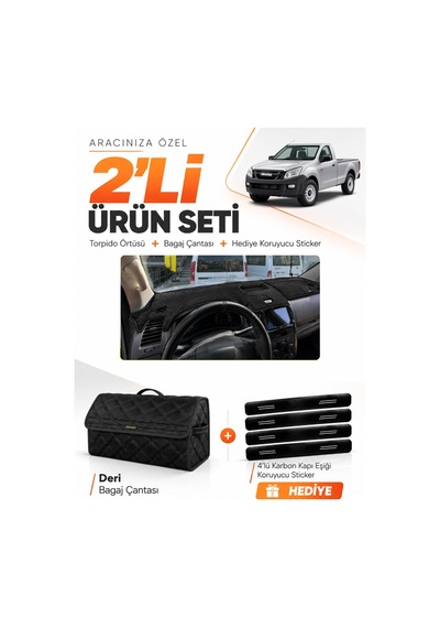 E-biz Isuzu D-max 2012-2019 Uyumlu Torpido Örtüsü + Deri Bagaj Çantası Seti - Siyah - Is002