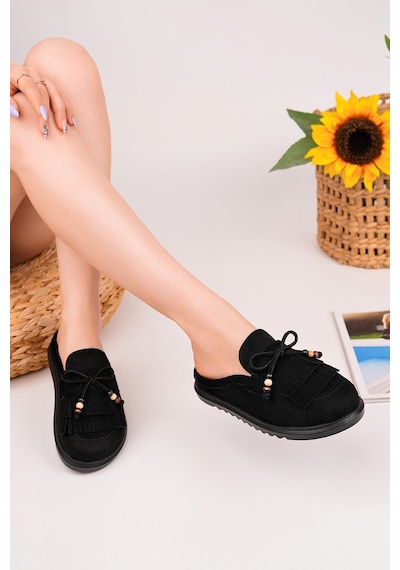 Muggo Fringe Süet Deri Fiyonk Detaylı Günlük Rahat Önü Kapalı Kadın Püsküllü Loafer Terlik Siyah Muggo Fringe Süet Deri Fiyonk Detaylı Günlük Rahat Önü Kapalı Kadın Püsküllü Loafer Terlik Siyah