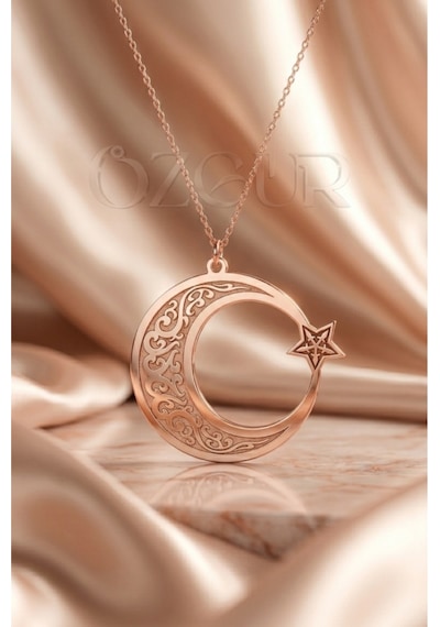 925 Ayar Gümüş Ay Yıldız Kolye Rose Gold
