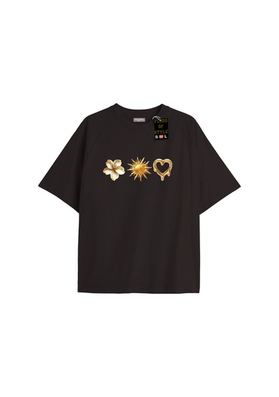 Flood Of Style Siyah Oversize T-shirt Güneş Kalp Çiçek Özel Tasarım