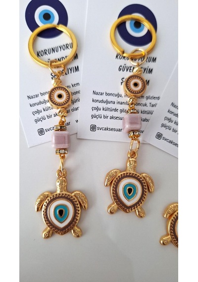 Hediyelik Nazar Boncuklu Bej Kaplumbağa Anahtarlık 10,5 Cm