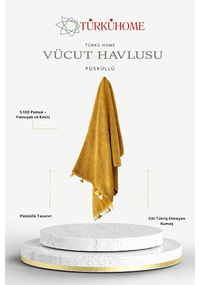 Püsküllü Yumuşak Pamuk Havlu Yüksek Emicili Vücut Havlusu 70x130 Cm Sarı