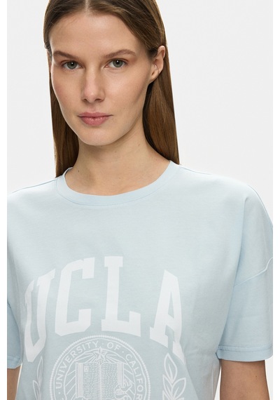 Ucla Avalon Gök Mavi Bisiklet Yaka Baskılı %100 Pamuk Loose Fit Kadın Tshirt Gök Mavisi
