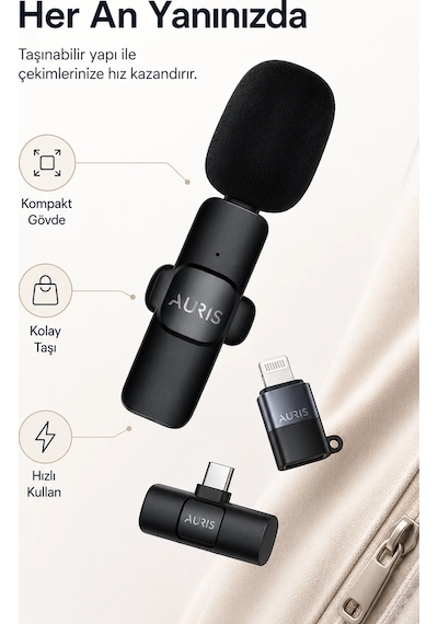 Kablosuz Yaka Mikrofonu Telefon İçin Usb-c Lightning Adaptörlü Kompakt Kayıt Cihazı