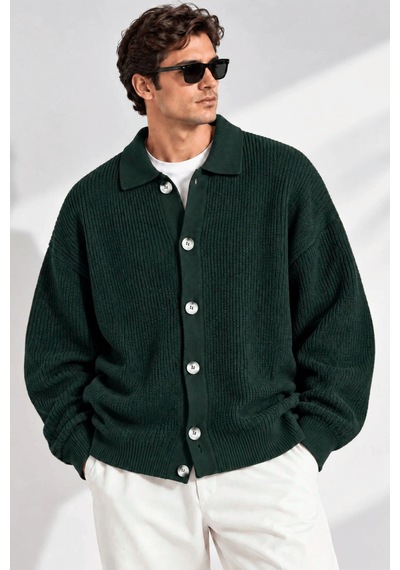 Genıus Store Erkek Hırka Oversize Kalıp Düğmeli Polo Yaka Triko Kazak Çekme/uzama Yapmaz Erkek-hırka Nefti