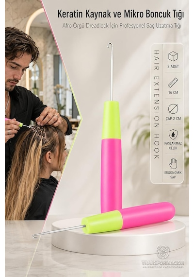 Profesyonel Mandal Tığ Seti, Paslanmaz Çelik Kanca, Neon Pembe Ve Yeşil, 16 Cm, Ergonomik Plastik Sap, 2 Adet, Afro Genel