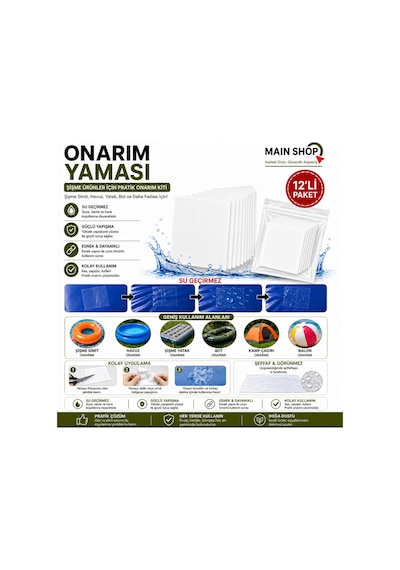 Mainshop 12'li Ekonomik Paket Güçlü Yapışkanlı Şişme Bot Ve Havuz Tamir Yaması M-51
