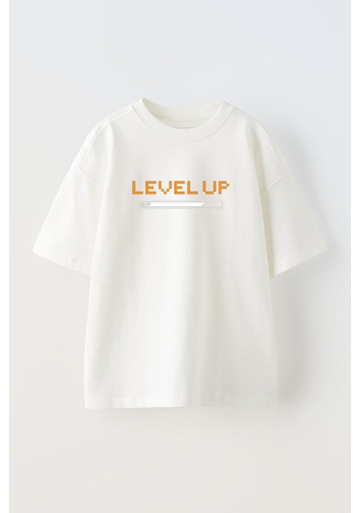 Thewert Unisex Level Up Tasarım Baskılı Pamuk Beyaz Oversize T-shirt