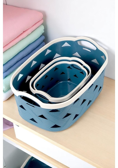 3lü Dekoratif Deri Görünüm Dolap İçi Düzenleyici Saklama Kutusu Mutfak Banyo Organizer Sepet Mavi Sd5000set-2 Mavi