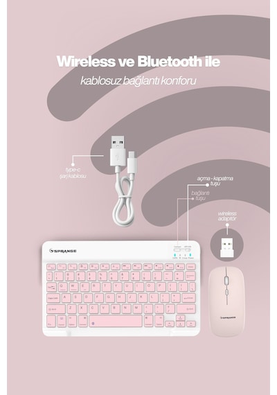 Tablet Ve Telefonlar İçin Bluetooth - Wireless Klavye Ve Mouse Set - Pembe Diğer