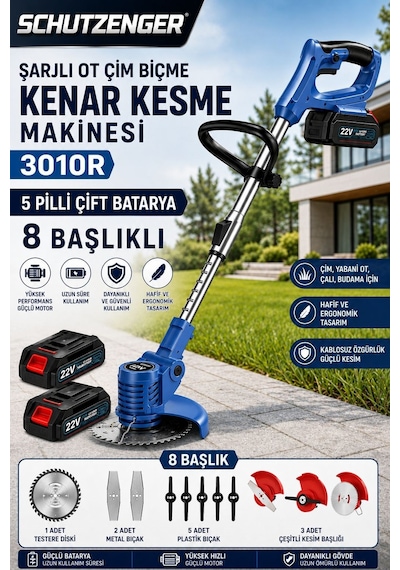 Schutzenger 3010R Çift Akülü 5 Pilli 3 Farklı 8 Başlık Bakır Motor C7 Kalite Şarjlı Ot Çim Biçme Makinesi