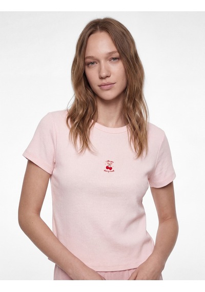 Koton Kısa Kollu Bisiklet Yaka Dokulu Kiraz İşlemeli Pijama Üstü Pembe 6slk40094mk Gül