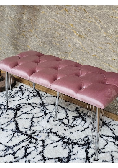Zafir Metal Krom Tel Ayaklı 100 Cm Puf Bench - Puf - Bench - Oturak - Mutfak Oturağı - Antre Oturağı Pembe