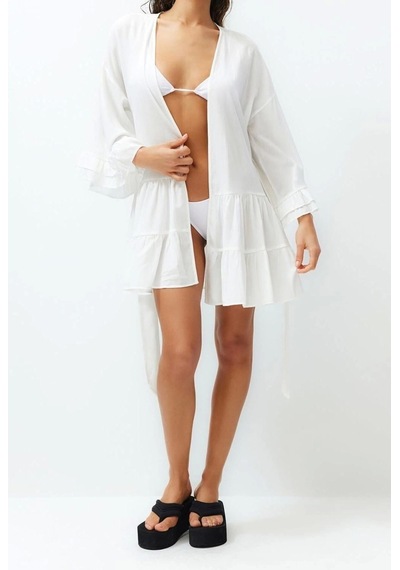 Ersefa Moda Örme Oversize Kalıp Midi V Yaka Büzgülüfırfırlı Kol Crinkle Beyaz