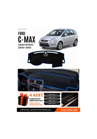 Ford C-max 2003-2010 Uzun Kapaklı Uyumlu Torpido Örtüsü, Torpido Kılıfı - Siyah Mavi