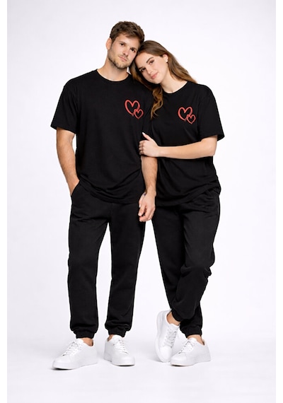 Sevgili Kombini Kalp Baskılı Oversize Çift Tişört Unisex Uyumlu P Siyah