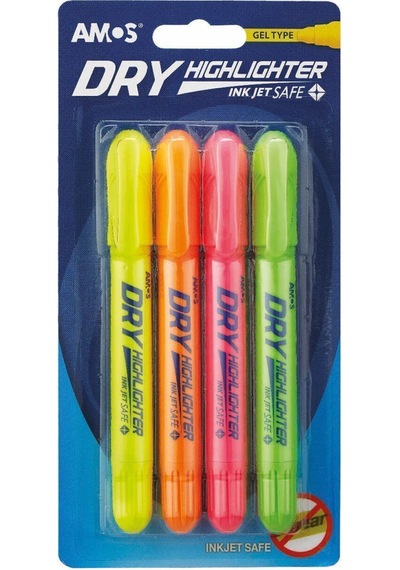 Amos Dry Highlighter Jel Fosforlu Kalem - 4lü Set Çok Renkli
