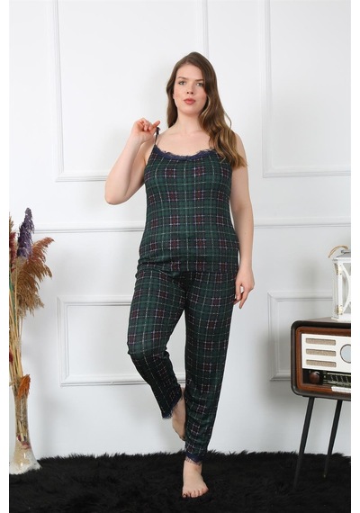 Akbeniz Kadın Büyük Beden Yeşil Ekoseli İp Askılı Pijama Takım 202197-yeşil Yeşil
