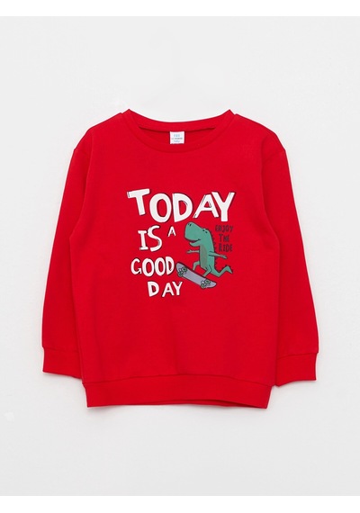 LC Waikiki Lcw Baby Kırmızı Bisiklet Yaka Uzun Kollu Baskılı Erkek Bebek Sweatshirt Brıght Red