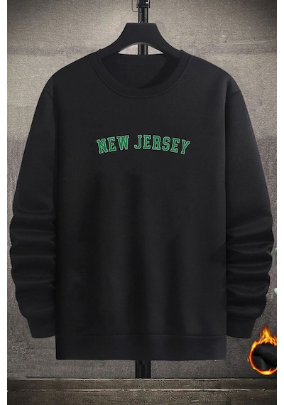 Unisex New Jersey Baskılı Bisiklet Yaka Sweatshirt Siyah