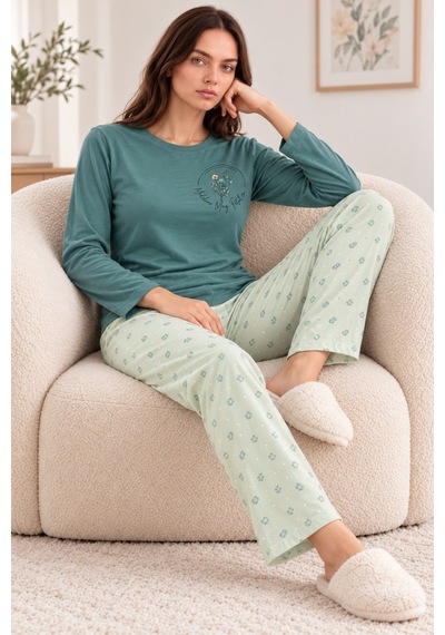 Nisanca Kadın Premium Modal Penye Pijama Takımı %100 Pamuk Soft Yumuşak Dokulu Uzun Kollu Baskılı Desenli Alt Üst 2'li Yesil