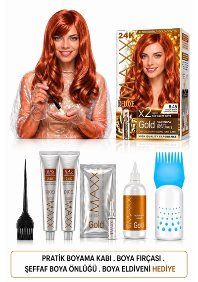 Maxx Deluxe Golden Beauty Set Saç Boyası 8.45 Tarçın Bakır 2li + Fırça+pratik Boya Kabı