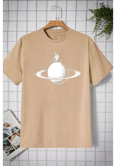 Flood Of Style Unisex Astronaut Rides Baskılı T-shirt Bej
