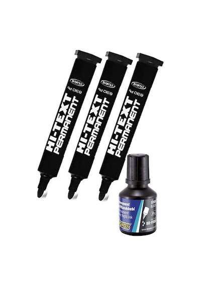 Siyah Yuvarlak Uçlu Markör Permanent Kalem 3 Adet Hı-text Marker Mürekkep Siyah 30 Ml 1 Adet Brons Koli Kalemi