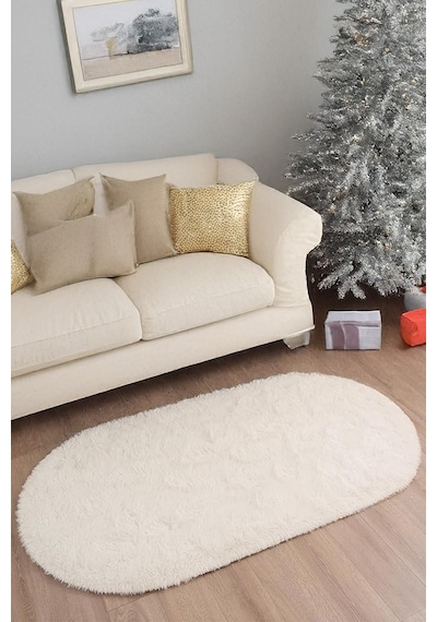 Krem Oval Post Halı Peluş Yumuşak Kaymaz Dot Taban Makinada Yıkanabilir Yolluk Krem