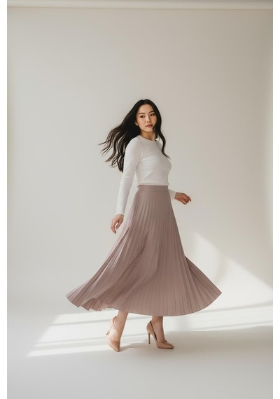 Eren Style Pileli Pamuklu Dokuma Viskon Kışlık Etek 95 Cm - 38-48 Vizon