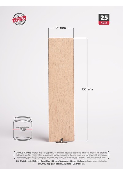 Ahşap Mum Fitili 25 Mm Genişlik Nikel Kaplama Çelik Taban, 3m Köpük Bantlı, 25 Li Set Ahşap