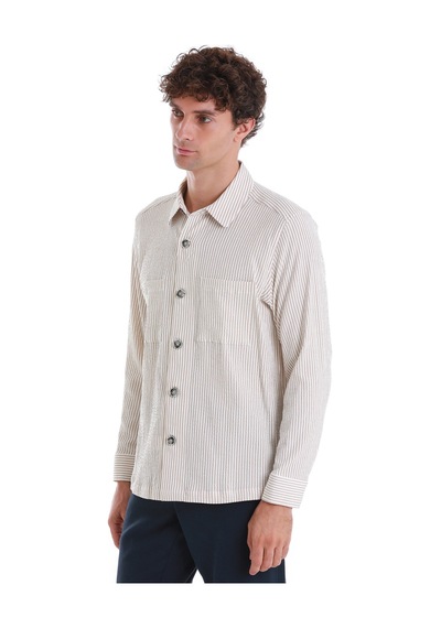 Hatemoğlu Bej Klasik Fit Çizgili Uzun Kollu Overshirt Gömlek Ceket 24d190000048 25 Bej