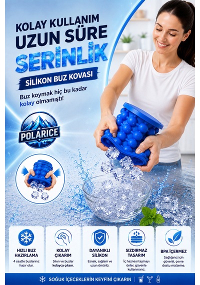 Çift Hazneli Buz Kovası İçecek Soğutucu Ice Cube Maker Genie Kapaklı Buzluk Haznesi Mavi