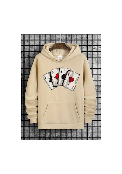 Medinenur İskambil Kart Desenli Kapüşonlu Sweatshirt Bej