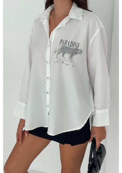 Asprin Fashion Dril Kumaş Paradise Baskılı Taşlı Gömlek Gümüş Gümüş