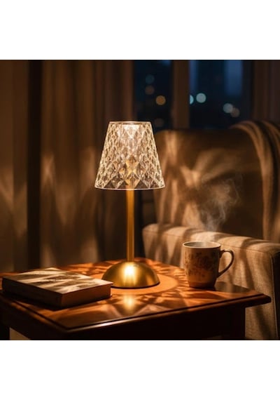 Gece Lambası Uzun Klasik Baklava Formlu Led Masa Lambası Dokunmatik 3 Renk Işık Modlu Şarj Edilebilir Dekor Amaçlı Şeffaf .